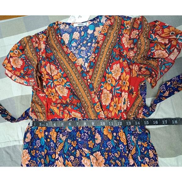 Womens Bohemia Side Split V Neck Ruffles Short Sleeves Maxi Dress with Belt Sz M - Picture 5 of 16